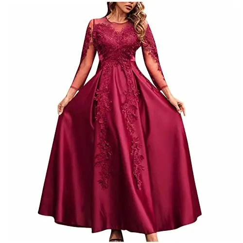 Produktbild: Abendkleider Brautkleid Lang Spitze Abendkleider Elegant Für Hochzeit Langarm Hochzeitskleid Mit ärmeln A Linie Brautkleider Hohe Taille Elegant Festliche Kleider Für Damen Einfarbig Rot