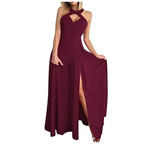 Produktbild: Abendkleider Cocktailkleid Damen Lang Neckholder Abendkleider Elegant Für Hochzeit Mit Schlitz Schulterfrei Ärmellos Ballkleider Elegant Cut Out Einfarbig Festliche Kleider Hohe Taille A Linie