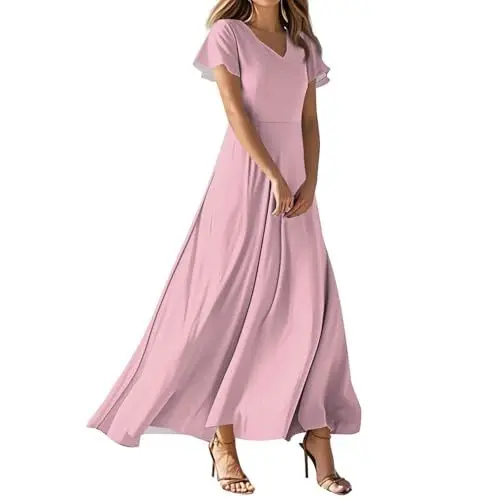 Produktbild: Abendkleider Elegant Für Hochzeit,Damen Abendkleid Brautjungfer A-Linie Chiffon V Ausschnitt Bodenlang（01-Rosa,L）