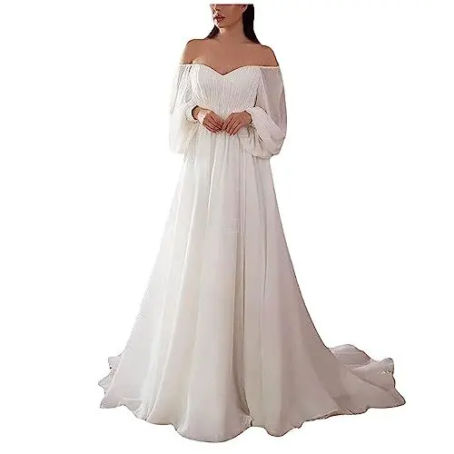 Produktbild: Abendkleid Elegant Für Hochzeit Lang Chiffon Hochzeitskleid Weiß Maxikleid Damen Schulterfrei Brautjungfernkleid Langarm Cocktailkleid Rückenfrei A Linie Ballkleid