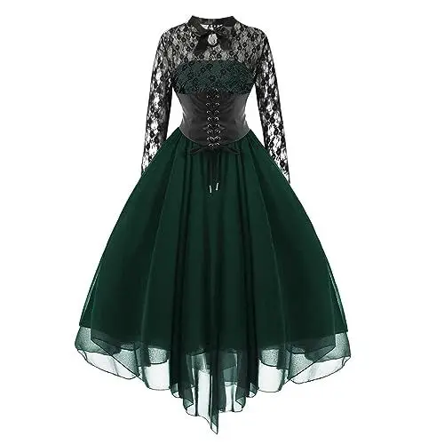 Produktbild: Abendkleider Elegant Für Hochzeit Lang Langarm Gothic Kleid Damen Tüll Asymmetrisch Cocktailkleid Damen Spitze Festliche Kleider üBerkreuzte Schnürung Ballkleid A Linie Partykleid Sexy