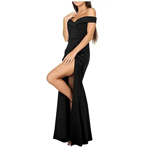 Produktbild: Abendkleider Elegant Für Hochzeit Lang Off Shoulder V-Ausschnitt Cocktailkleid Damen Mit Schlitz Ballkleid Sexy Kleid Damen Elegant Carmen Festliche Kleider Für Damen Einfarbig A Linie