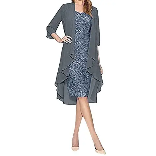 Produktbild: Abendkleid Damen Lang Festliche Kleider für Hochzeit Damen Langarm Kleid mit Lochstickerei Chiffon-Überwurf Kleid Abschlusskleid Spitzen Chiffonkleid Damen Zweiteilig Partykleid Damen Extra Lang