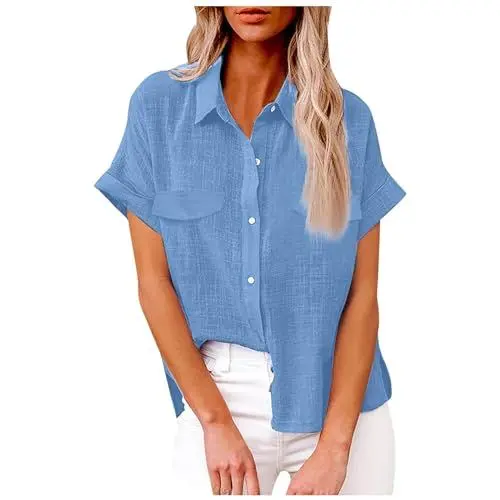 Produktbild: Abendoberteile Frauen Tuniken Frauen De Print Damen Oberteil Kurzarm, Button-Down-Shirt, Lässig, V-Ausschnitt, Einfarbig, Tops (Blue, XL)