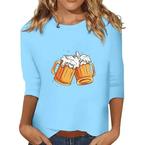 Produktbild: Abendoberteile Frauen Tuniken Frauen De Damen T-Shirt mit Rundhalsausschnitt 3/4-Ärmeln Bedruckt Modisches Freizeitoberteil Schnittmuster Bluse Damen (Blue S)