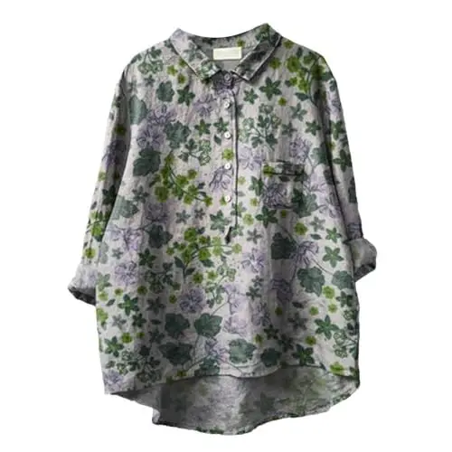 Produktbild: Abendoberteile Frauen Tuniken Frauen De Lein en-T-Shirt Damen mit Blumendruck Lockere Passform T-Shirt-Oberteile Reverskragen Knopfblusen Lange Ärmel Lässige Oberteile Festliche Damen Große Größen