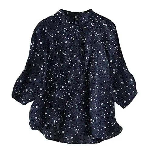 Produktbild: Abendoberteile Frauen Tuniken Frauen Uk Trachtenbluse Große Größen Damen Frühling und Rundhals Knopfdruck Baumwoll-Leinen-Textur Baumwoll-Leinen-Hemd (Blue S)