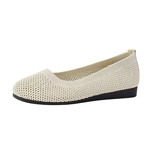 Produktbild: Abendschuhe Damen Elegant Barfuss Schuhe Damen Einfarbig Atmungsaktives Mesh Flacher Mund Bequeme Flache Freizeitschuhe Slipper Herren Weiß Barfuss Schuhe Damen Balerina (Beige, 37)