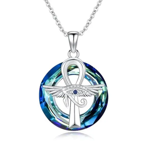 Produktbild: ABIGY Ankh Kette Auge des Horus Anhänger Halskette 925 Sterling Silber Ägyptisches Kreuz Anhänger mit Kristall Engel Flügel Kreuz Schutz Halskette Ägypten Weihnachten Schmuck Geschenk für Damen Mutter