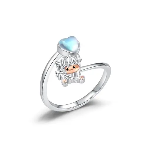 Produktbild: ABIGY Highland Kuh Ring 925 Sterling Silber Mondstein Ringe Gänseblümchen Ring Offen Verstellbar Ring Amulett Tierring Hochland Kuh Schmuck für Damen Mädchen
