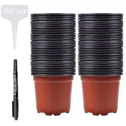 Produktbild: Abimars Kunststoff Pflanztöpfe 10cm, 50 Stück Blumentöpfe für Pflanzen, Anzuchttöpfe Rund mit Pflanzenschilder und EIN Stifte
