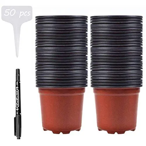 Produktbild: Abimars Kunststoff Pflanztöpfe 10cm, 50 Stück Blumentöpfe für Pflanzen, Anzuchttöpfe Rund mit Pflanzenschilder und EIN Stifte