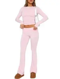 Produktbild: ABINGOO Damen Baumwoll Lounge Set Oberteil Und Schlaghose Set Geschnittene Yoga Trainingsanzug Zweiteiliger Outfit Schmal Loungewear Set(Rosa,S)