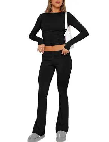 Produktbild: ABINGOO Damen Baumwoll Lounge Set Oberteil Und Schlaghose Set Geschnittene Yoga Trainingsanzug Zweiteiliger Outfit Schmal Loungewear Set(Schwarz,M)