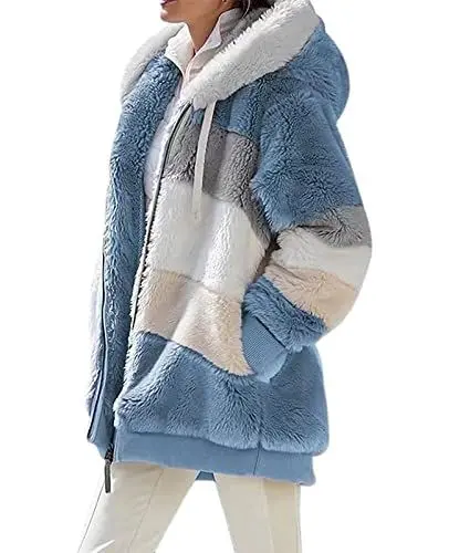 Produktbild: ABINGOO Damen Mantel Kapuzenjacke Winterjacke Mode Warm Hoodie Pullover Jacken Reißverschluss Plüschjacke Fleecejacke Oberteile(Blau,M)