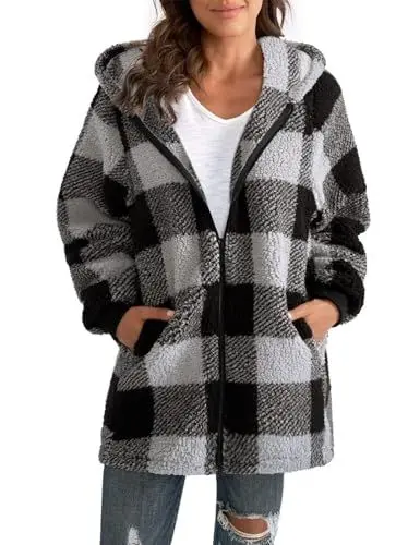 Produktbild: ABINGOO Damen Teddy Fleece Mantel Kariert Warm Winterjacke Kapuzenjacke Flauschig Plüschjacke Reißverschluss Sweatshirt mit Kapuze und Taschen(Schwarz,XL)