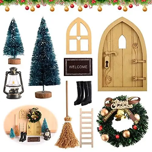 Produktbild: Abnaok Wichieltür Set Weihnachten, Wichteltür Komplettset, Miniatur Wichtel Set Wichteltür Nissedor mit Zubehör Stiefel Laterne Weihnachtsbaum Dekokranz Holzleiter Wichtelbesen für Weihnachten
