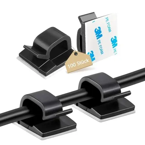 Produktbild: Abnii 100 Stück Kabelhalter, Outdoor Indoor Kabelclips Selbstklebend für Kabelmanagement, Kabelführung Organizer Kabelklemmen Haken Draht Halter für Kabelbefestigung Lichterkette, Groß 3M Schwarz