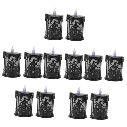 Produktbild: ABOOFAN 12 Stück Halloween LED Kerzenlicht Desktop Ornamente Schwarze Kerze 2 Stück Kerzenlicht Ornament Kerze Nachtlampe Halloween Kerzenlicht Dekorative Kerzenlampe Halloween