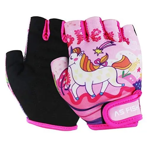 Produktbild: ABOOFAN 1 Paar Fahrradhandschuhe Kinder Halbfinger Handschuhe Sport Gym rutschfeste Handschuhe für Kinder Outdoor (rosa Einhorn-Muster, Größe S)