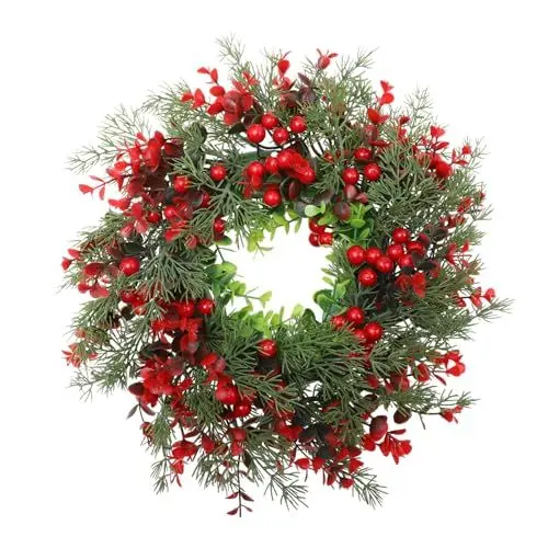 Produktbild: ABOOFAN Weihnachtskranz Mit Roten Beeren 35 cm Künstlicher Kranz Aus Stechpalmenbeeren Aus Kiefernholz Weihnachtstürkranz Wandbehanggirlande Für Weihnachten Ferienhaus Bauernhaus