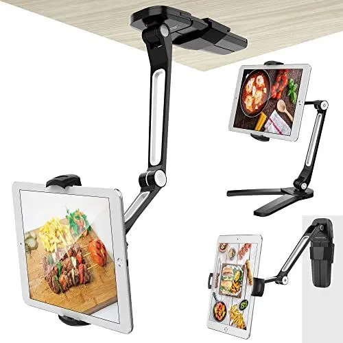 Produktbild: AboveTEK Tablet Halterung – Wand- & Tischhalter, Höhenverstellbar & 360° Drehbar, Tablet Ständer Kompatibel mit Handy, iPad, Kindle, Bett, Küche, Wand(4.7–13.5 Zoll) - Schwarz