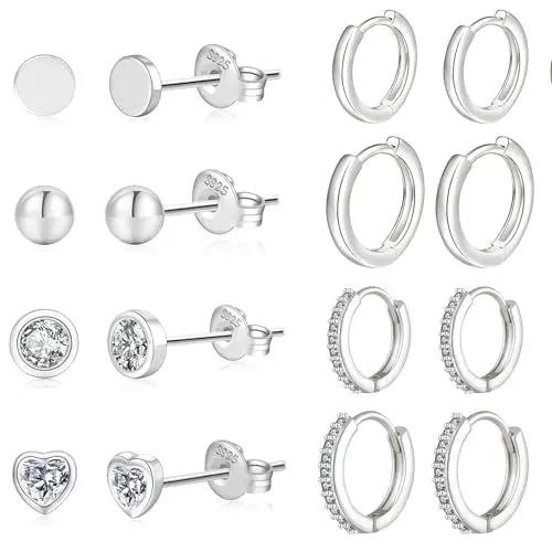 Produktbild: ABPBA 8paar Ohrringe Silber 925 Set für Damen Ohrstecker Silber 925 Hypoallergen Creolen Silber 925 Kleine mit Zirkonia kleine Schlaf-Ohrstecker für mehrere Piercings