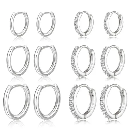 Produktbild: ABPBA Creolen Silber 925 Kleine Ohrringe Silber Creolen mit Zirkonia Hypoallergene Creolen Silber Kleine Knorpelschläfer Huggie Ohrringe Silber Set für Mehrere Piercings 6 Paar