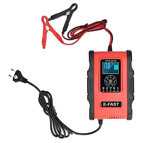 Produktbild: ABS + Metall Intelligentes Batterieladegerät, Intelligentes Batterieladegerät 12V/12A 24V/6A 7 Stufen Ladeimpuls Reparatur für Auto Motorrad Boot Rot Schwarz EU Stecker 100-240V