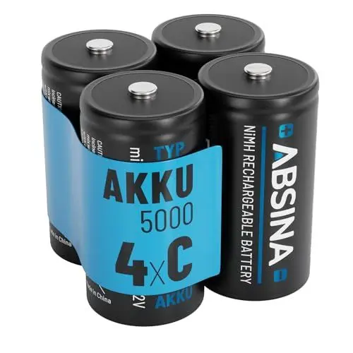 Produktbild: ABSINA 4X Batterien C Baby LR 14 wiederaufladbar 5000 mit geringer Selbstentladung - C Batterien Akku NiMH mit min. 4500mAh & 1,2V - Baby C Akku, Baby Batterien, Batterien Baby C, Batterie C LR14