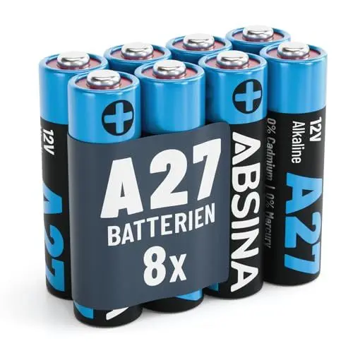 Produktbild: ABSINA 8X 27A 12V Batterie für Garagentoröffner und vieles mehr - Batterie 27A 12V Alkaline Mini auslaufsicher & mit Langer Haltbarkeit - Batterie MN27 12V, A27A Batterien, Batterie LR27A, A27 12V