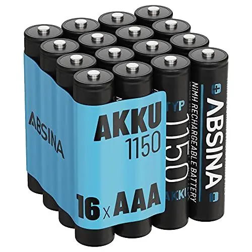 Produktbild: ABSINA AAA Akku 1150 NiMH 16er Pack - Akku AAA Micro mit 1,2V & min. 1050 mAh - AAA Akkus wiederaufladbar für Geräte mit hohem Stromverbrauch - Batterien AAA wiederaufladbar ideal für DECT Telefon