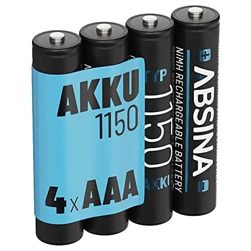 Produktbild: ABSINA AAA Akku 1150 NiMH 4er Pack - Akku AAA Micro mit 1,2V & min. 1050 mAh - AAA Akkus wiederaufladbar für Geräte mit hohem Stromverbrauch - Batterien AAA wiederaufladbar ideal für DECT Telefon