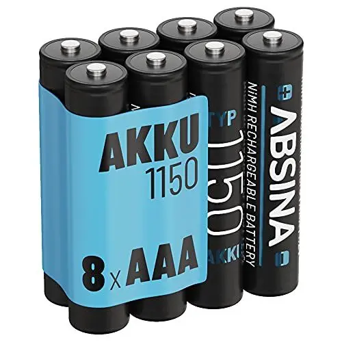 Produktbild: ABSINA 8X AAA Akku 1150 NiMH mit 1,2V & min. 1050 mAh - AAA Akkus wiederaufladbar für Geräte mit hohem Stromverbrauch - Batterien AAA wiederaufladbar ideal für DECT Telefon - Akku AAA Micro