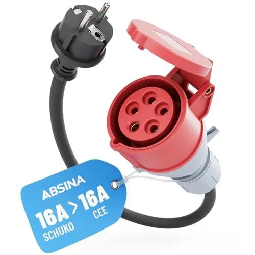 Produktbild: ABSINA Adapter Schuko Stecker auf CEE Kupplung - Schuko auf CEE 16A 5-polig mit 60 cm Kabellänge & IP44 Schutz - Schuko auf CEE als Elektroauto Zubehör – Adapter 230V