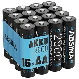Produktbild: ABSINA Akku AA wiederaufladbar 2900 16er Pack - NiMH AA Akku mit 1,2V & min. 2650mAh - Aufladbare Batterien AA für Geräte mit hohem Stromverbrauch - Akkus AA für Blitzgerät, Wii & Xbox Controller