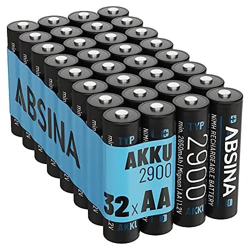 Produktbild: ABSINA Akku AA wiederaufladbar 2900 32er Pack - NiMH AA Akku mit 1,2V & min. 2650mAh - Aufladbare Batterien AA für Geräte mit hohem Stromverbrauch - Akkus AA für Blitzgerät, Wii & Xbox Controller
