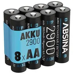 Produktbild: ABSINA Akku AA wiederaufladbar 2900 8er Pack - NiMH AA Akku mit 1,2V & min. 2650mAh - Aufladbare Batterien AA für Geräte mit hohem Stromverbrauch - Akkus AA für Blitzgerät, Wii & Xbox Controller