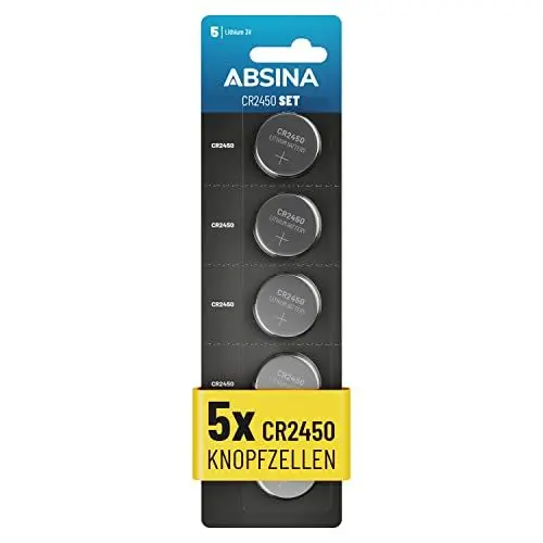 Produktbild: ABSINA CR2450 Knopfzelle 5er Pack für Blitzerwarner UVM - CR 2450 3V Knopfzellen auslaufsicher & Lange Haltbarkeit - CR 2450 Batterien, Knopfzellen CR2450, Batterie 2450, 2450 Batterie, CR2450 3V