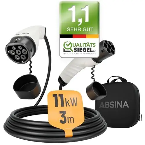 Produktbild: ABSINA Typ 2 Ladekabel 11kW & 16A für Hybrid & Elektroauto - 3 Meter Typ 2 Ladekabel 3 phasig - Mode 3 Ladekabel - Kompatibel mit Model 3, e-Up, ID.3, Zoe, EQ fortwo, Kona Elektro, ID.4 UVM