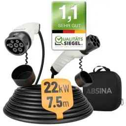 Produktbild: ABSINA Typ 2 Ladekabel 22kW & 32A für Hybrid & Elektroauto - 7,5 Meter Auto Ladekabel Typ2 3 phasig - Mode 3 Ladekabel - Kompatibel mit Model 3, e-Up, ID.3, Zoe, EQ fortwo, Kona Elektro, ID.4 UVM