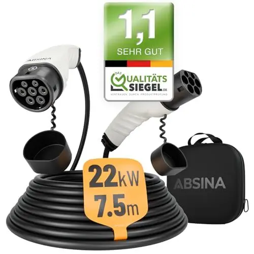 Produktbild: ABSINA Typ 2 Ladekabel 22kW & 32A für Hybrid & Elektroauto - 7,5 Meter Auto Ladekabel Typ2 3 phasig - Mode 3 Ladekabel - Kompatibel mit Model 3, e-Up, ID.3, Zoe, EQ fortwo, Kona Elektro, ID.4 UVM
