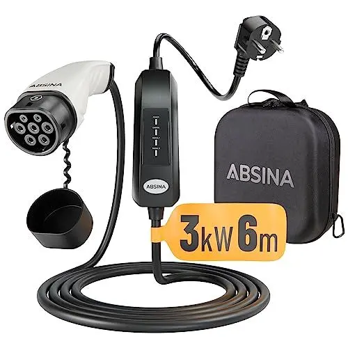 Produktbild: ABSINA Typ 2 Ladekabel Schuko 3kW, 13A, 6 Meter Kabel & 1 phasig - EV Ladekabel Schuko für Elektroauto & Hybrid an Steckdose - Ladeziegel für i3, e-Up, ID.3, ID.4, Zoe, fortwo, Kona, Leon, e-tron