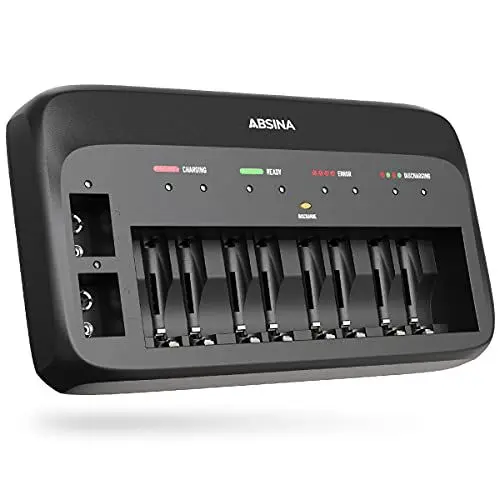 Produktbild: ABSINA Akku Ladegerät X10 für AA, AAA & 9V - Akkuladegerät 10-Fach zum Laden von wiederaufladbaren Akkus - NiMH Ladegerät Akku für AAA, AA & 9V
