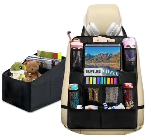 Produktbild: absolove 2er Rückenlehnenschutz Auto Kinder,1 Sitzschoner Auto Rückenlehne + 1 Autositz Organizer,Premium Sitz Organizer Auto Kinder mit 10 Zoll Tablet-Tasche,Sitzschutz Rückenlehne Zur Aufbewahrung