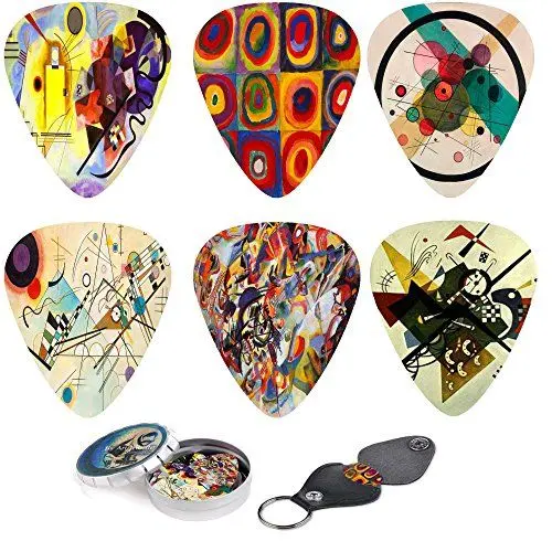 Produktbild: abstrakte Kunst Gitarrenplektren -wassily kandinsky Malereien.12 mittlere Celluloid-Gitarren-Picks in einer Box w/Picks Halter. einzigartiges Gitarrengeschenk für Bass-, Elektro- und Akustikgitarren