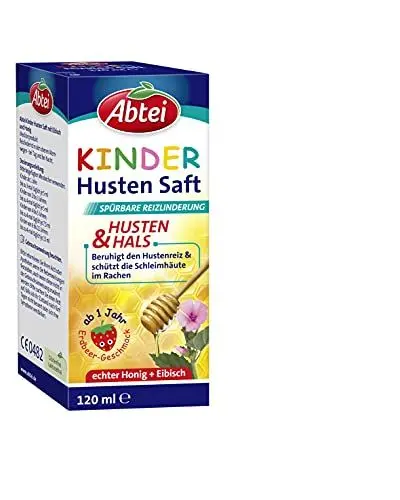 Produktbild: Abtei Kinder Husten Saft - mit Erdbeergeschmack, Eibisch und Honig - für Kinder und Kleinkinder ab 1 Jahr - ohne Alkohol, glutenfrei, laktosefrei - 1 x 120 ml