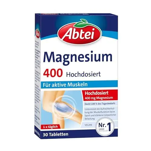 Produktbild: Abtei Magnesium 400 - hochdosiertes Magnesium - für aktive Muskeln - glutenfrei, laktosefrei und vegan - 30 Tabletten