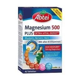 Produktbild: Abtei Magnesium 500 Plus Extra-Vital-Depot - hochdosiert - mit allen B-Vitaminen - für Muskeln, Nerven und Herz - vegan - 42 Tabletten