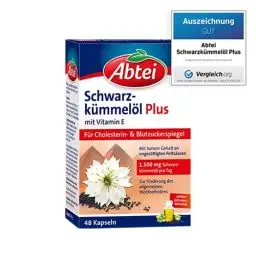Produktbild: Abtei Schwarzkümmelöl Plus - mit Vitamin E - Nahrungsergänzung für Cholesterin- und Blutzuckerspiegel - 1 x 48 Kapseln